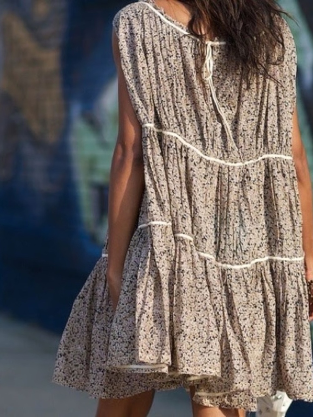 AllSaints Tan Floral Sleeveless Ruffle Tiered Mini Dress